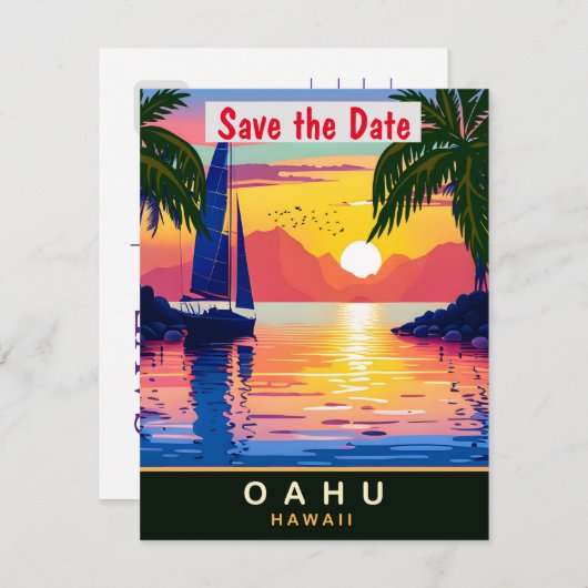 Oahu, Hawaii, Travel Postcard, Save The Date (Vorne/Hinten)