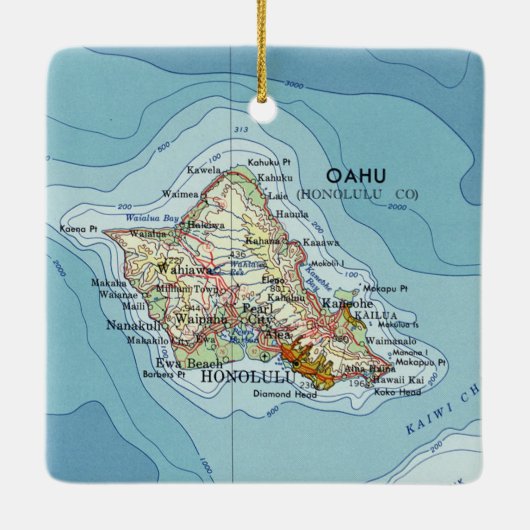 Oahu Island Vintage Karte Keramikornament (Rückseite)