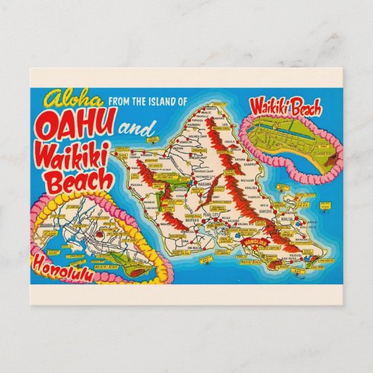 Oahu Wikiki Strand Karte Postkarte (Vorderseite)