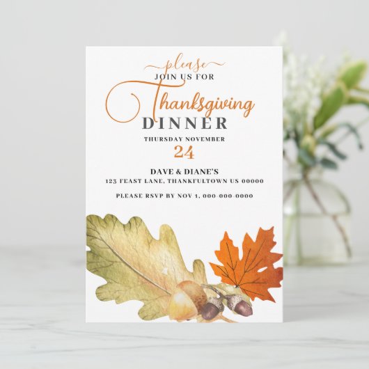 Oak Leaf & Acorns Erntedank Abendessen Einladung (Stehend Vorderseite)