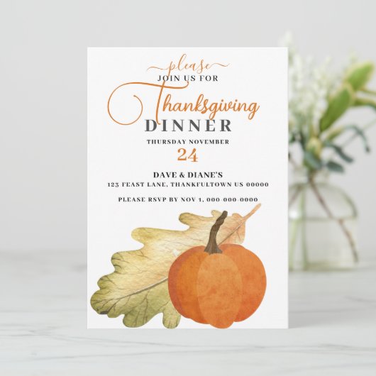 Oak Leaf & Pumpkin Erntedank Dinner Einladung (Stehend Vorderseite)
