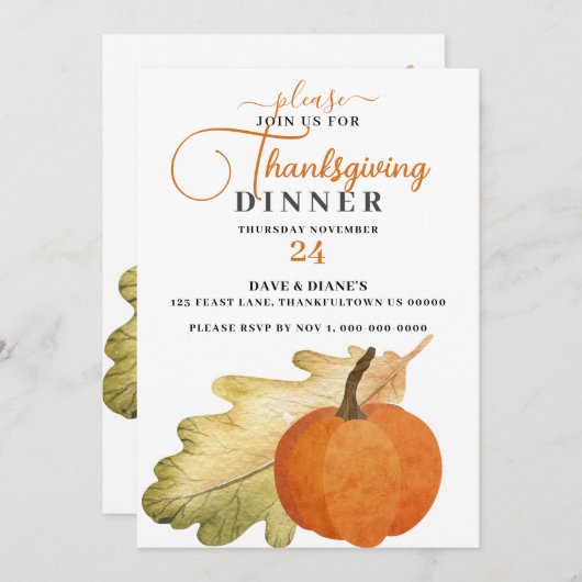 Oak Leaf & Pumpkin Erntedank Dinner Einladung (Vorne/Hinten)