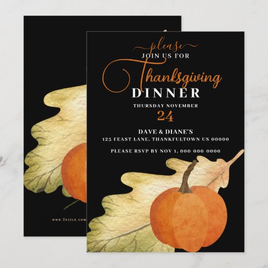 Oak Leaf & Pumpkin on Black Erntedank Dinner Einladung (Vorne/Hinten)