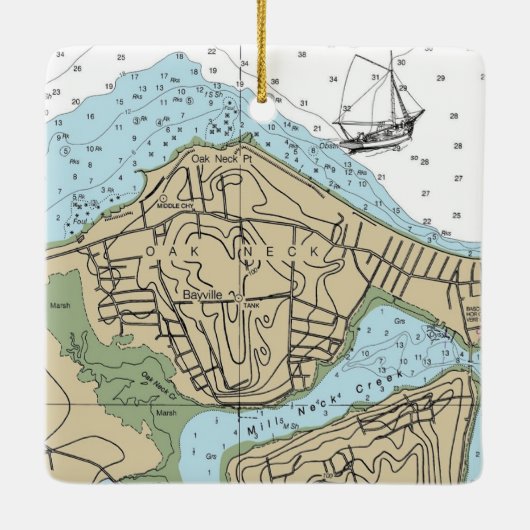Oak Neck NY Nautic Chart Christmas Keramikornament (Rückseite)