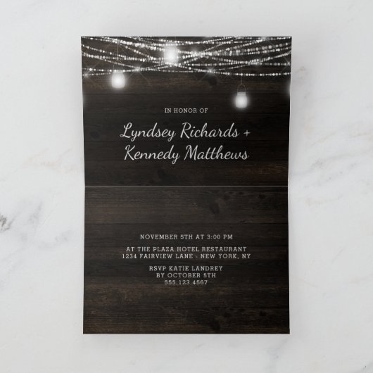 Oak Ridge Rustic Dark Wood Couple's Polterabend Einladung (Innenseite)