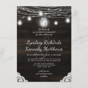 Oak Ridge Rustic Dark Wood & Lace Wedding Einladung