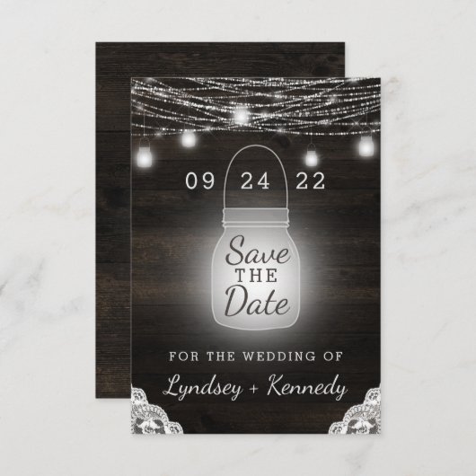 Oak Ridge Rustic Wood Lights & Mason Jars Save The Date (Vorne/Hinten)
