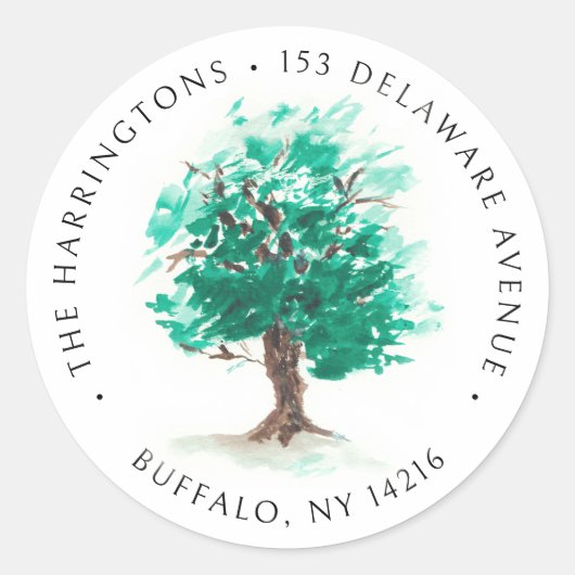 Oak Tree HandGezeichnet Aquarellfarben Rücksendead Runder Aufkleber (Vorderseite)