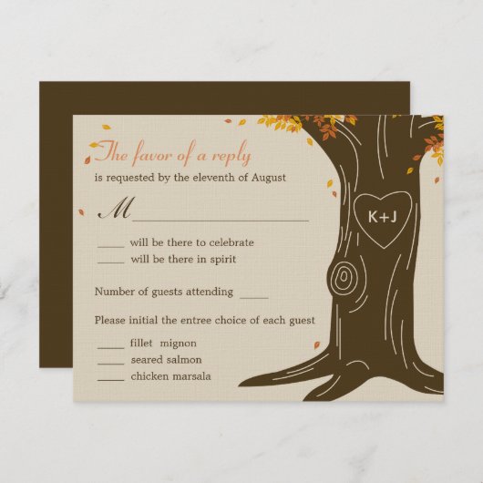 Oak Tree Hochzeit im Herbst RSVP Card mit Menü Sel (Vorne/Hinten)