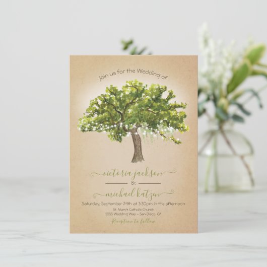 Oak Tree Spanish Moss String of Lights Wedding Einladung (Stehend Vorderseite)