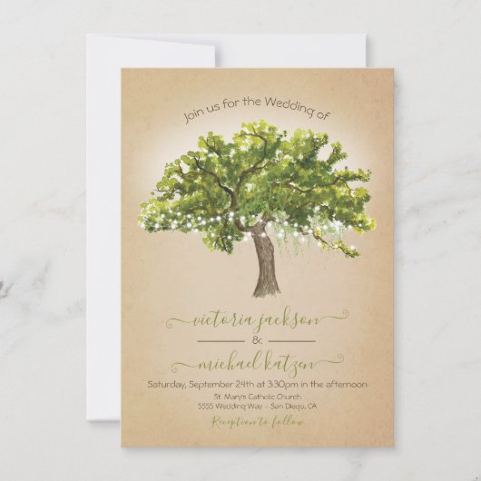 Oak Tree Spanish Moss String of Lights Wedding Einladung (Vorderseite)