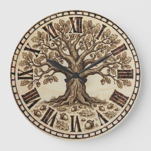 Oak Tree Wall Clock – Wood-Burned Rustic Style Große Wanduhr (Vorderseite)