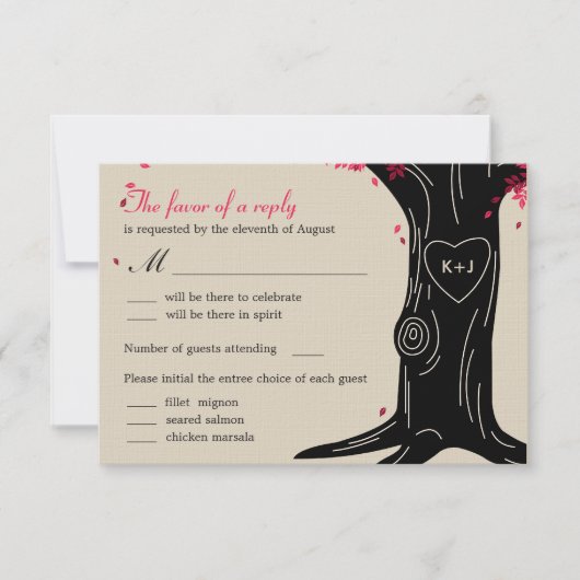 Oak Tree Wedding RSVP Card mit Menü - Fuchsia Karte (Vorderseite)