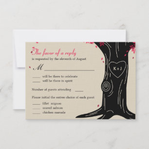 Oak Tree Wedding RSVP Card mit Menü - Fuchsia Karte