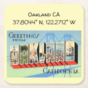Oakland CA, Koordinaten, Vintage-Grüße Rechteckiger Pappuntersetzer