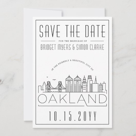 Oakland Wedding Stylized Skyline Save the Date Einladung (Vorderseite)