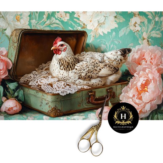 Oaster Hen Green Suitcase Floral Lace Decoupage Seidenpapier