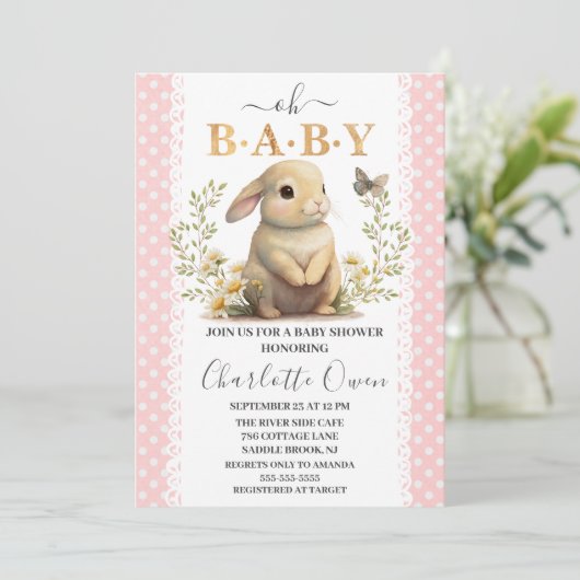 Oaster Oh Baby Bunny Spring Girl Babydusche Einladung (Stehend Vorderseite)