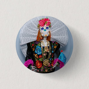 Oaxaca Calavera Catrina Tehuana Button