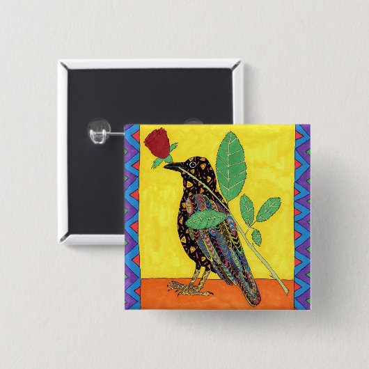 Oaxacan Crow mit Rote Rose Button (Vorne & Hinten)