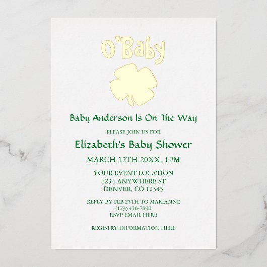 O'Baby St Patrick's Day Baby Shower Folieneinladung (Vorderseite)