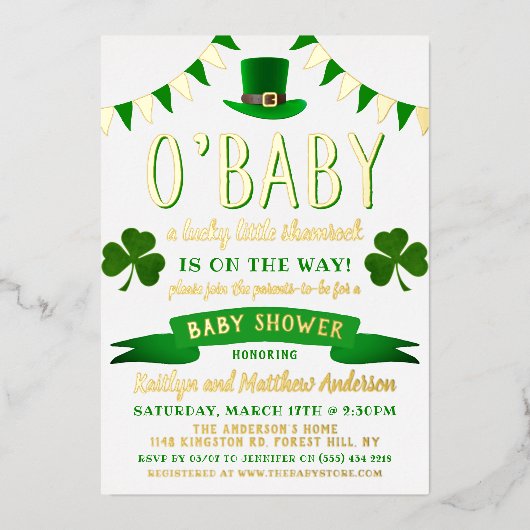 O'Baby St. Patrick's Day Baby Shower Real Folieneinladung (Vorderseite)
