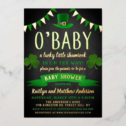 O'Baby St. Patrick's Day Baby Shower Real Folieneinladung (Vorderseite)