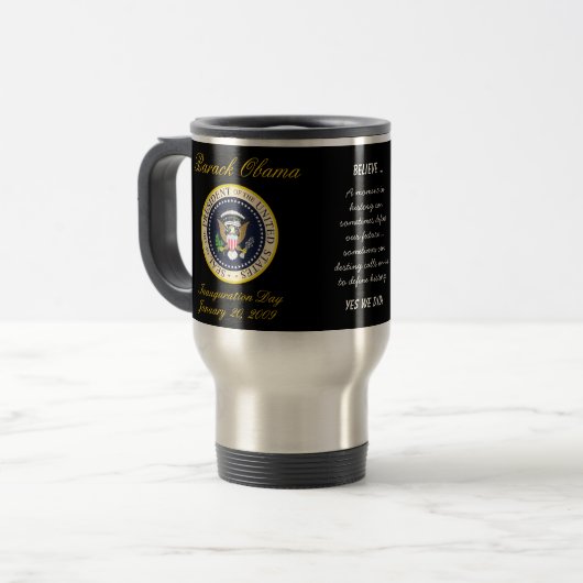 Obama mit JFK - Kaffee-Tasse Reisebecher (Vorderseite Links)