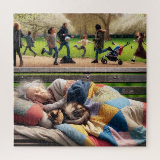 Obdachlose Lady Napping auf einer Parkbank Puzzle (Vertikal)
