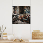 Obdachloser Mann, der im aufgegebenen Gebäude napp Poster (Küche)