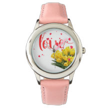Oben in Bloom - Elegante Blumenuhr mit rosa Band