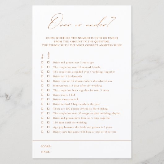 Oben oder unter? Weißes Brautparty-Spiel (Vorderseite)