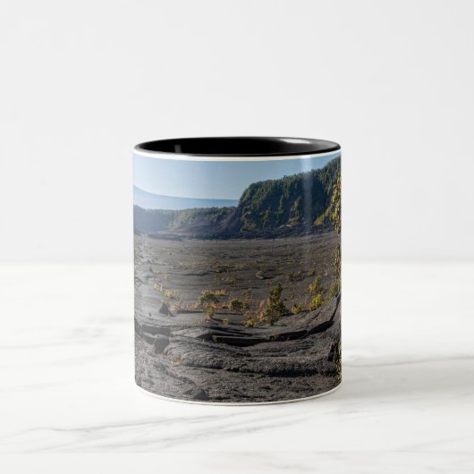 Oben trockenes Lavasee des Kilauea iki Kraters Zweifarbige Tasse (Mittel)