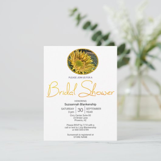 Obere Grenze Sonnenblume Oval Foto Brautparty Einladung (Stehend Vorderseite)