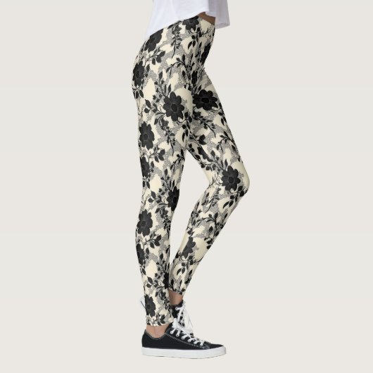 Oberes florales Muster Schwarz Leggings (Rechts)