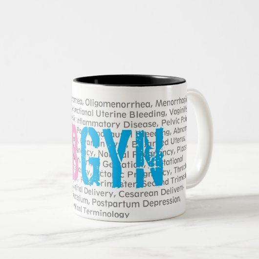 OBGYN Medical Terminology Pink/Blue, 11 Oz weiß Zweifarbige Tasse (VorderseiteRechts)