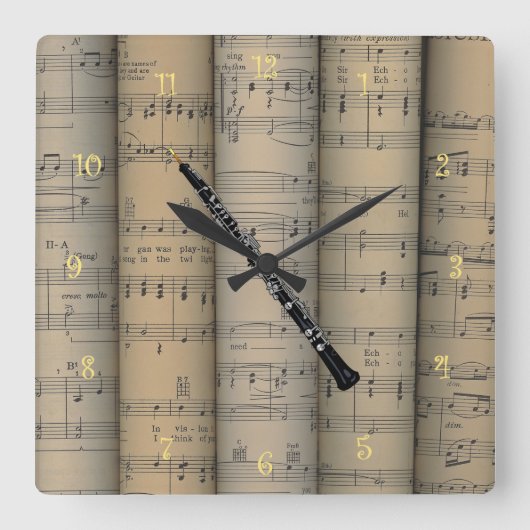 Oboe ~ gerolltes Notenen-Hintergrund ~ Musical Quadratische Wanduhr (Vorderseite)