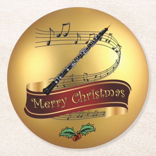 Oboe ~ Musical Scroll ~ Gold ~ "Frohe Weihnachten" Runder Pappuntersetzer (Vorderseite)