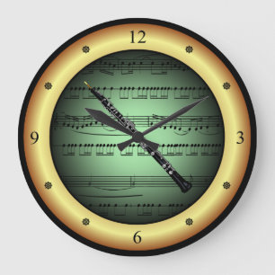 Oboe ~ Sheet Music ~ Green on Gold Background ~ Große Wanduhr