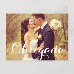 Obrigado Elegantes White Script Hochzeit Foto Postkarte