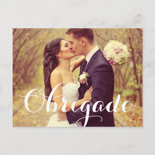 Obrigado Elegantes White Script Hochzeit Foto Postkarte (Vorderseite)