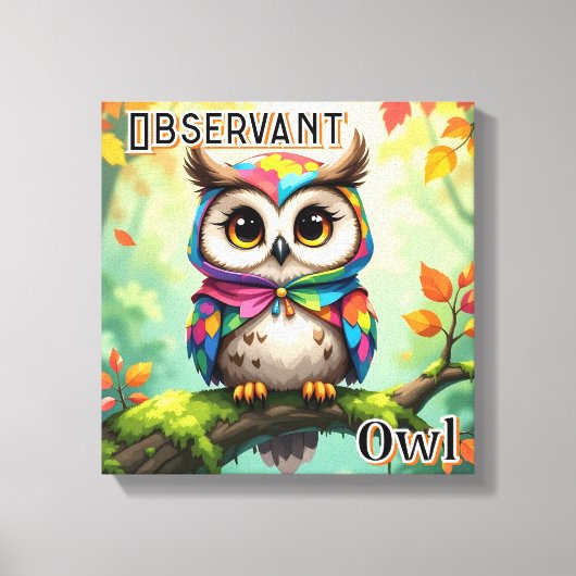 Observant Owl | Niedlicher Cartoon Kids Kinderzimm Leinwanddruck (Vorderseite)
