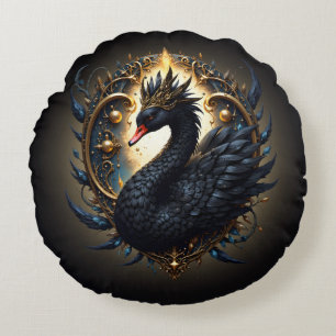 Obsidian-Schwan der stillen Gnade – Dark Fantasy Rundes Kissen