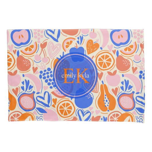 Obst Gemüse aus Orangenblauer Monogramm Kissenbezug (Vorderseite)