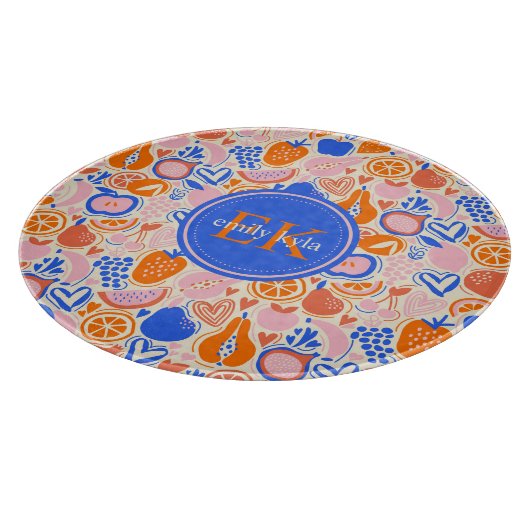 Obst Gemüse aus Orangenblauer Monogramm Schneidebrett (Ecke)