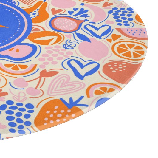 Obst Gemüse aus Orangenblauer Monogramm Schneidebrett (Ecke)