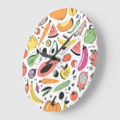 Obst, Gemüse, handgezeichnet. Große Wanduhr (Winkel)