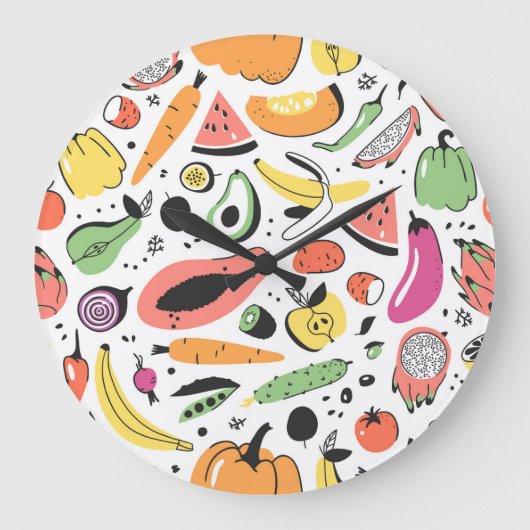 Obst, Gemüse, handgezeichnet. Große Wanduhr (Vorderseite)