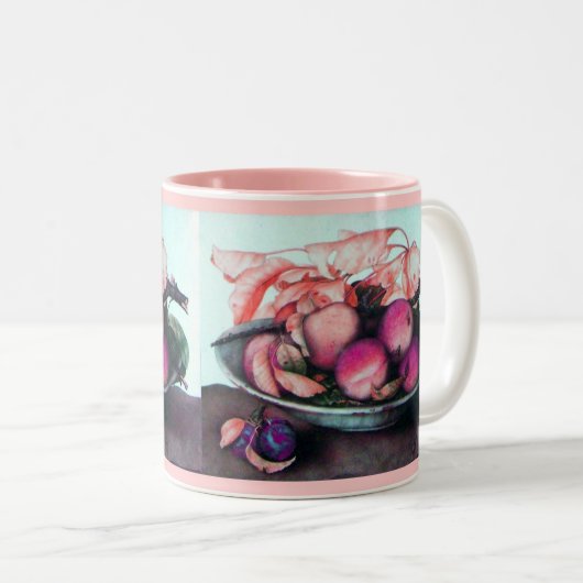 OBST, PEACHES, Pfirsichplatten Stillleben Zweifarbige Tasse (VorderseiteRechts)