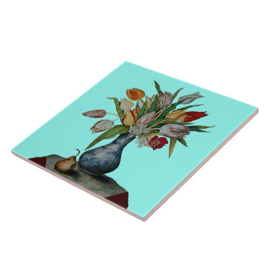 OBST/TULIPS DER SAISON IN VASE UND PEAR Aquamarin  Fliese (Seite)